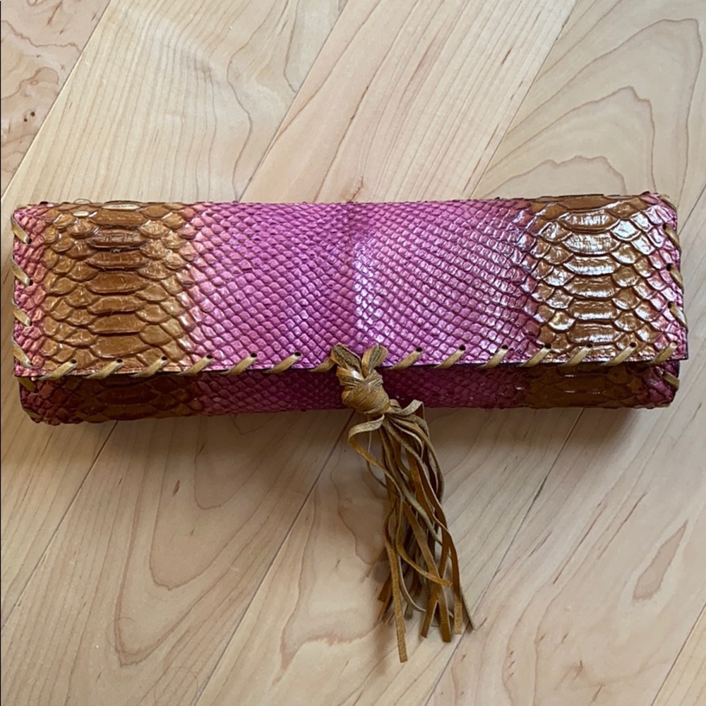 Python Embossed Leather Clutch Whipstitch Tassel